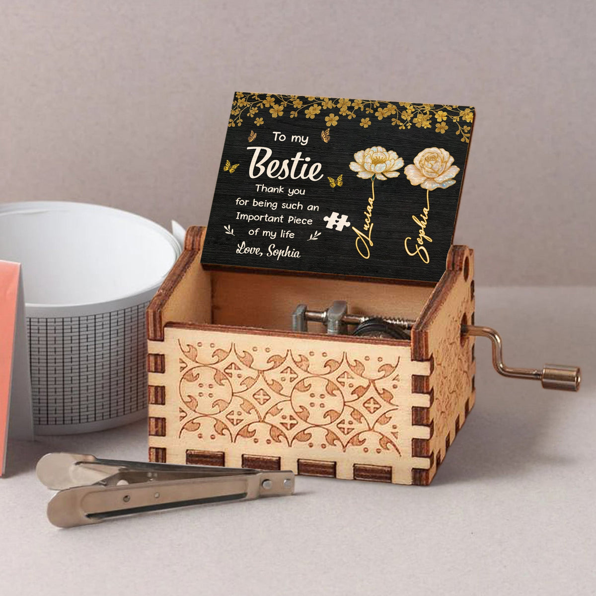 To My Bestie Thank You, Flowers And Puzzle Piece - Custom Music Box With "You Are My Sunshine" Tune - BST260_MZB