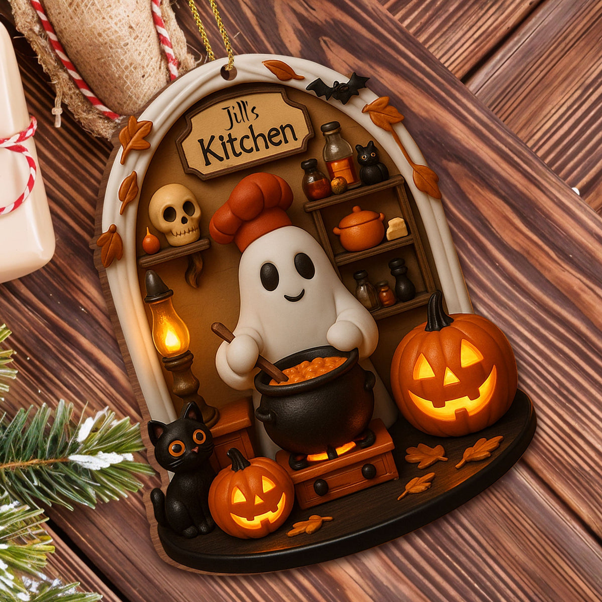 Jill's Kitchen, Ghost Cooking In A Cauldron - Personalized Custom Wood Ornament, Custom Shaped - COOK009_WDO