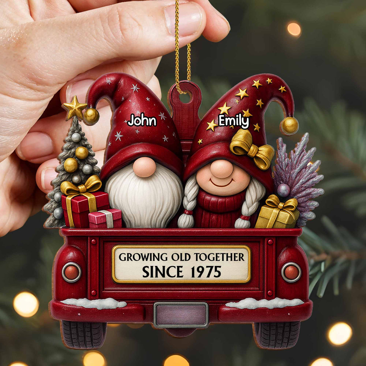 "Journeying Through the Years Together" — Red Truck and Christmas Gnome Themed Wooden Hanging Ornament
