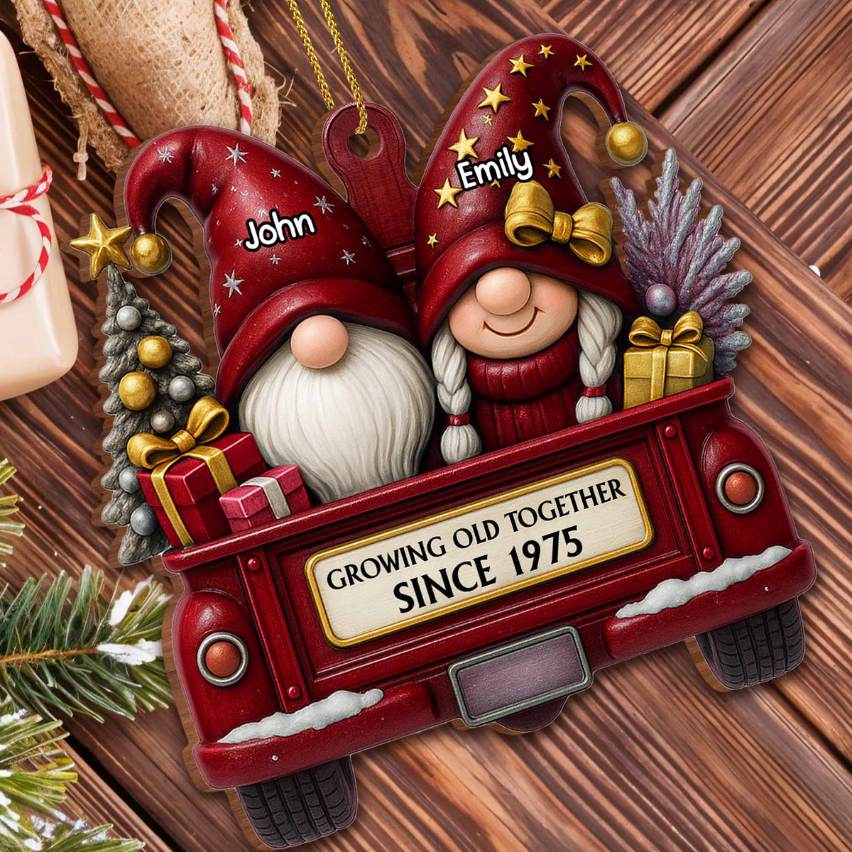 "Journeying Through the Years Together" — Red Truck and Christmas Gnome Themed Wooden Hanging Ornament