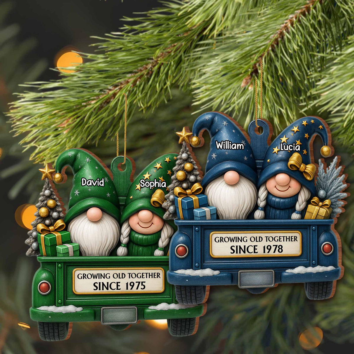 "Journeying Through the Years Together" — Red Truck and Christmas Gnome Themed Wooden Hanging Ornament