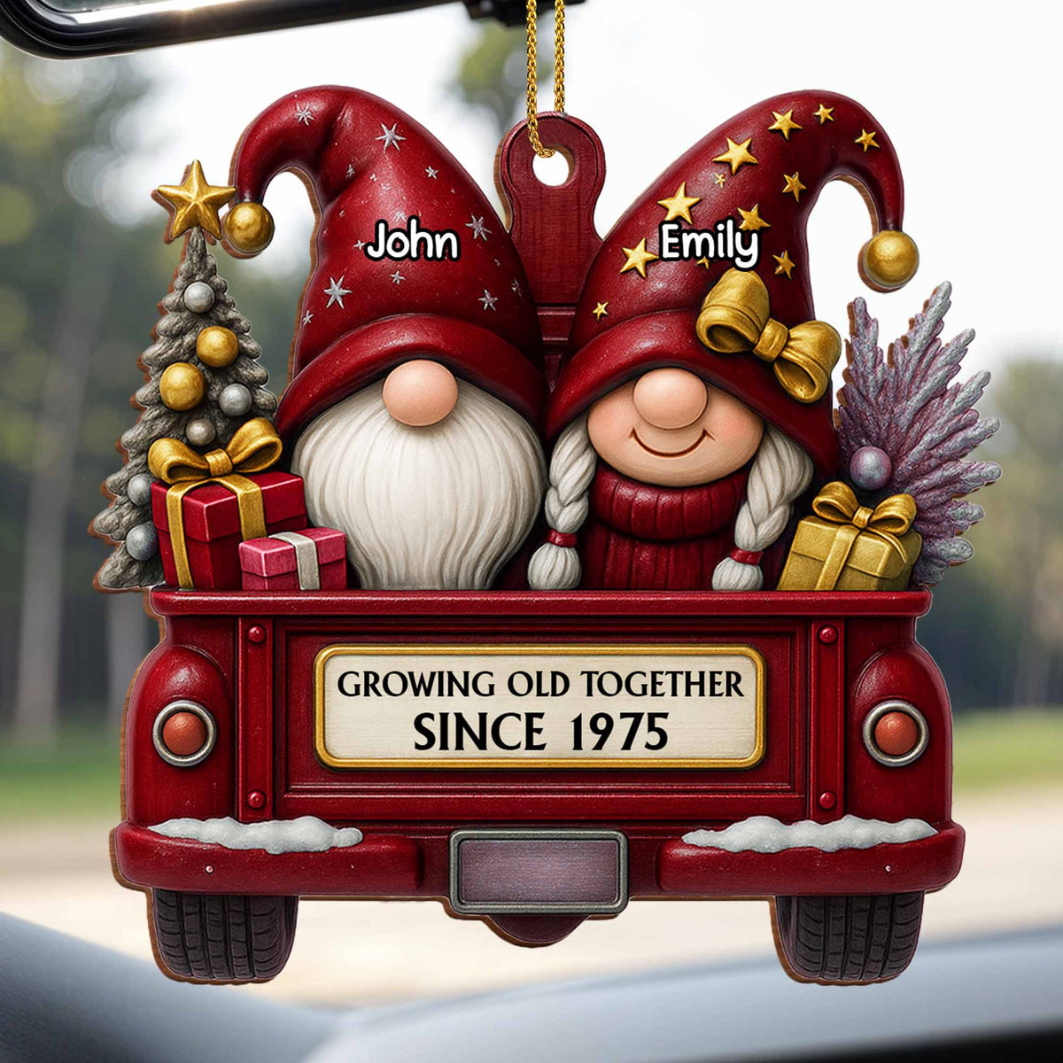 "Journeying Through the Years Together" — Red Truck and Christmas Gnome Themed Wooden Hanging Ornament
