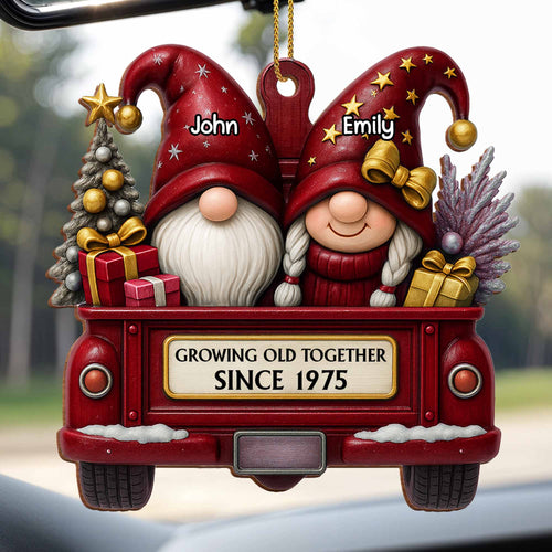 "Journeying Through the Years Together" — Red Truck and Christmas Gnome Themed Wooden Hanging Ornament