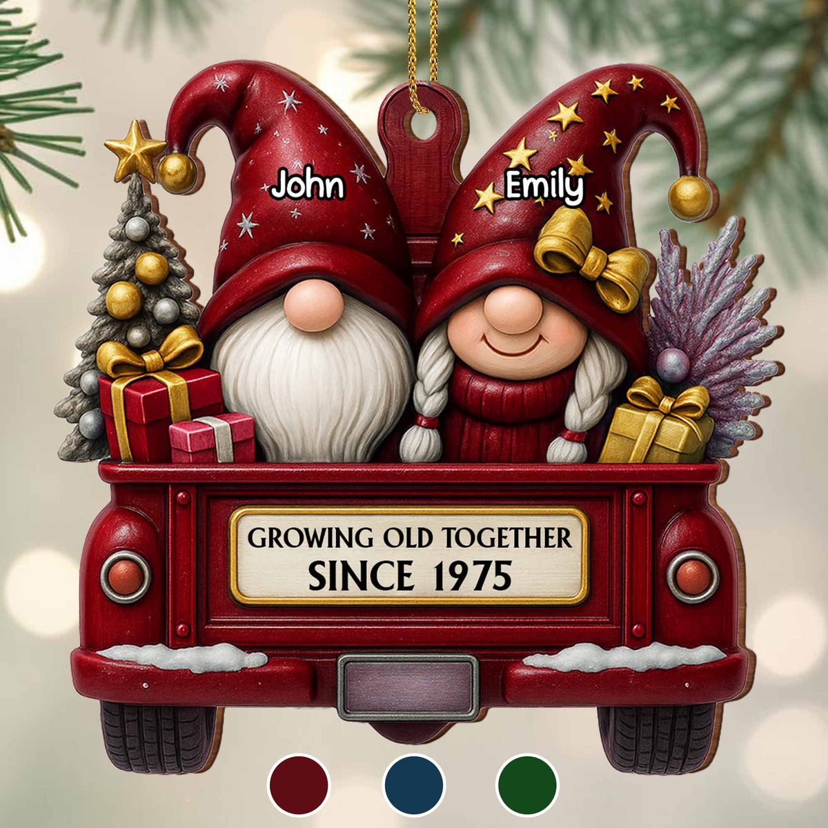 "Journeying Through the Years Together" — Red Truck and Christmas Gnome Themed Wooden Hanging Ornament
