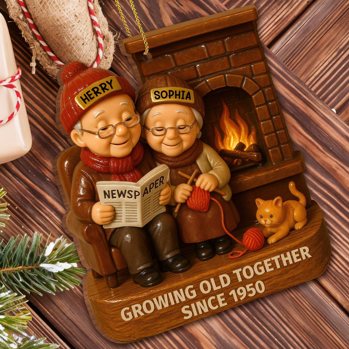 Growing Old Together With Elderly Couple And Cat - Personalized Custom Wood Ornament, Custom Shaped - CPL565_WDO