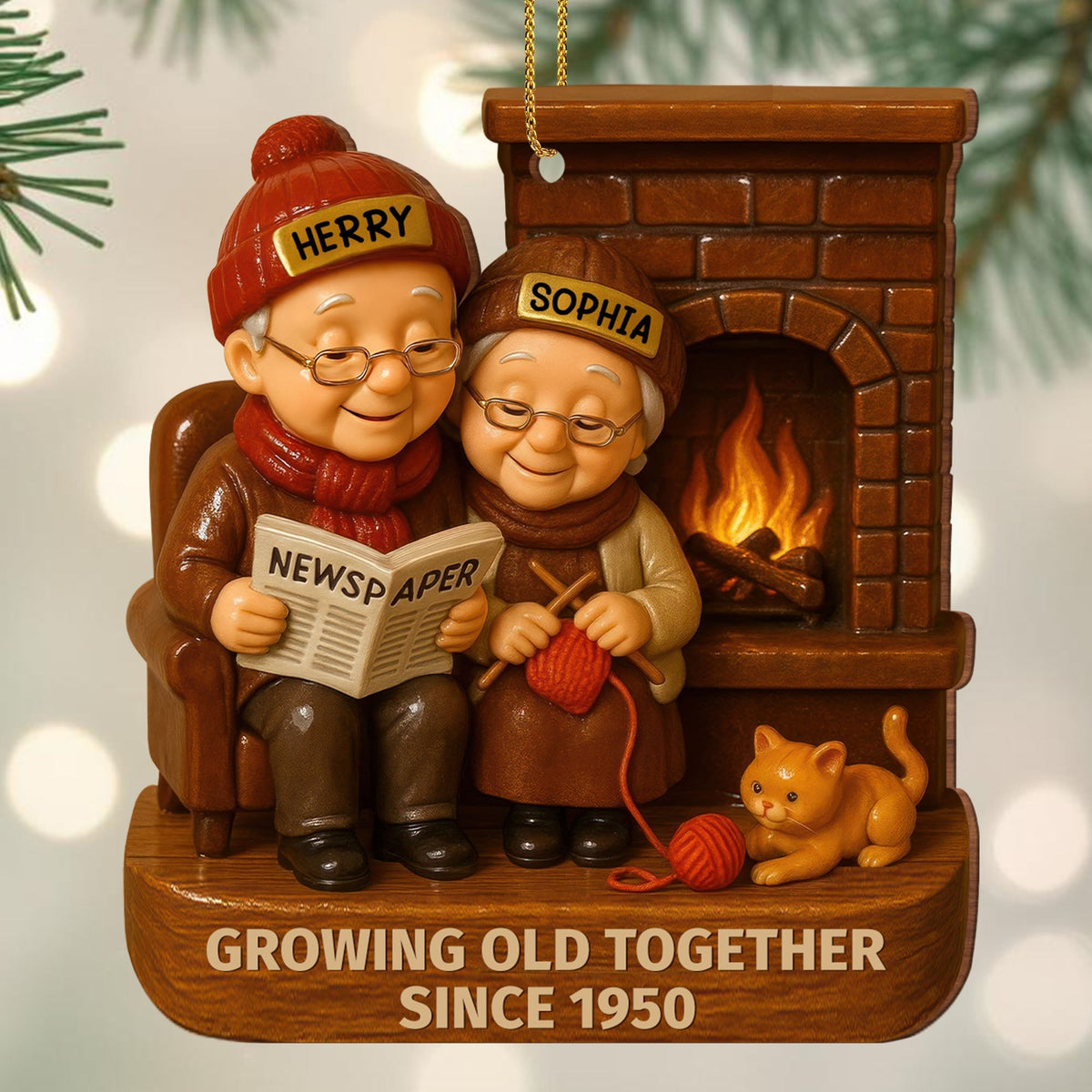 Growing Old Together With Elderly Couple And Cat - Personalized Custom Wood Ornament, Custom Shaped - CPL565_WDO