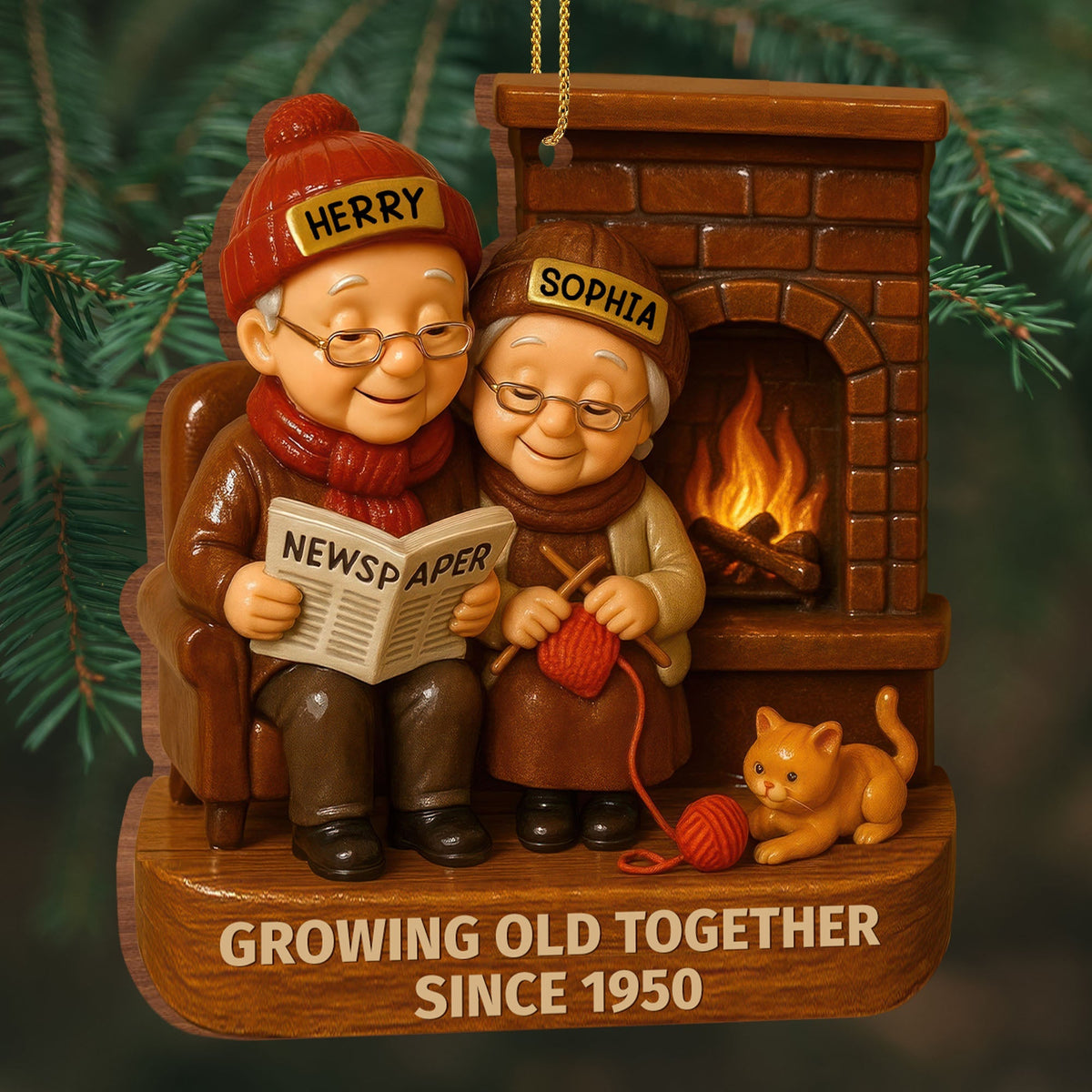 Growing Old Together With Elderly Couple And Cat - Personalized Custom Wood Ornament, Custom Shaped - CPL565_WDO