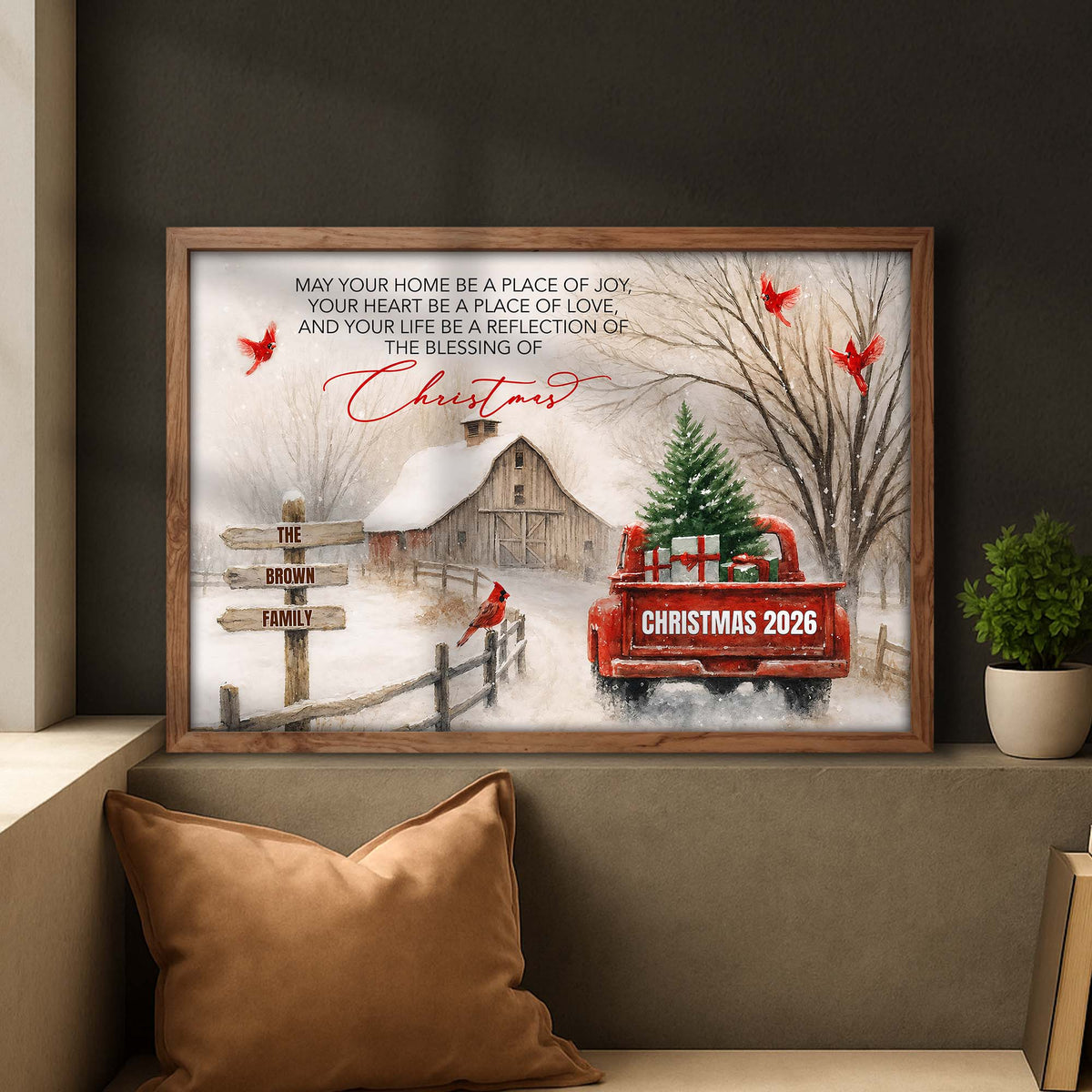 May Your Home Be A Place Of Joy Christmas Red Truck Barn Cardinals - Personalized Custom Horizontal Poster - FAM1041_HPOS