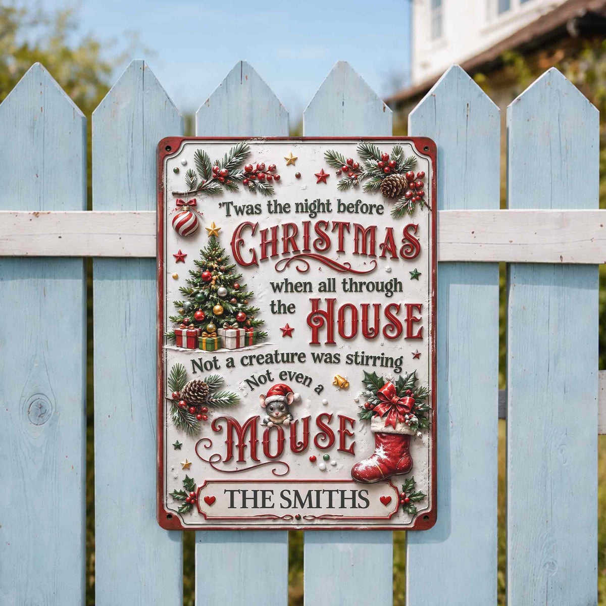Twas The Night Before Christmas With Tree Mouse And Stocking - Personalized Metal Sign - FAM1051_MSIGN