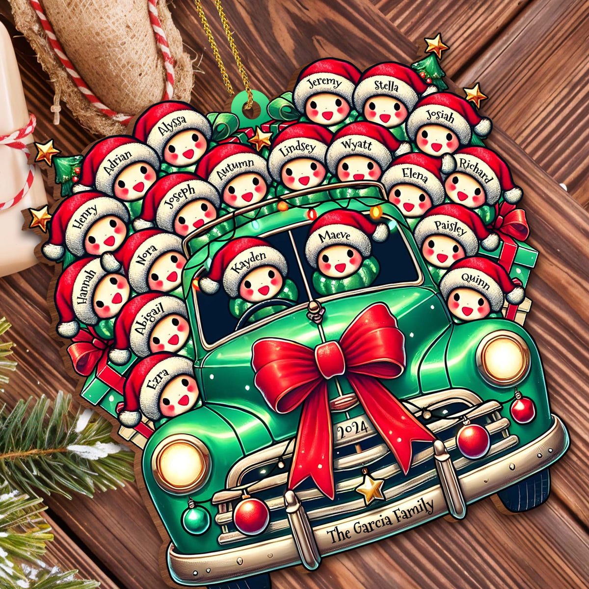 Home For The Holidays Gathering Love And Joy With Vintage Car - Personalized Custom Wood Ornament, Custom Shaped - FAM160_WDO