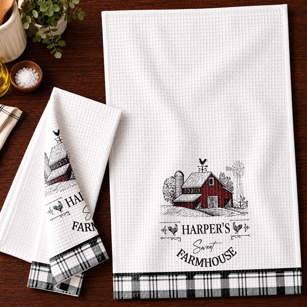 Sweet Farmhouse Custom Name Barn And Rooster Design - Personalized Kitchen Towel - FARM082_TOWL