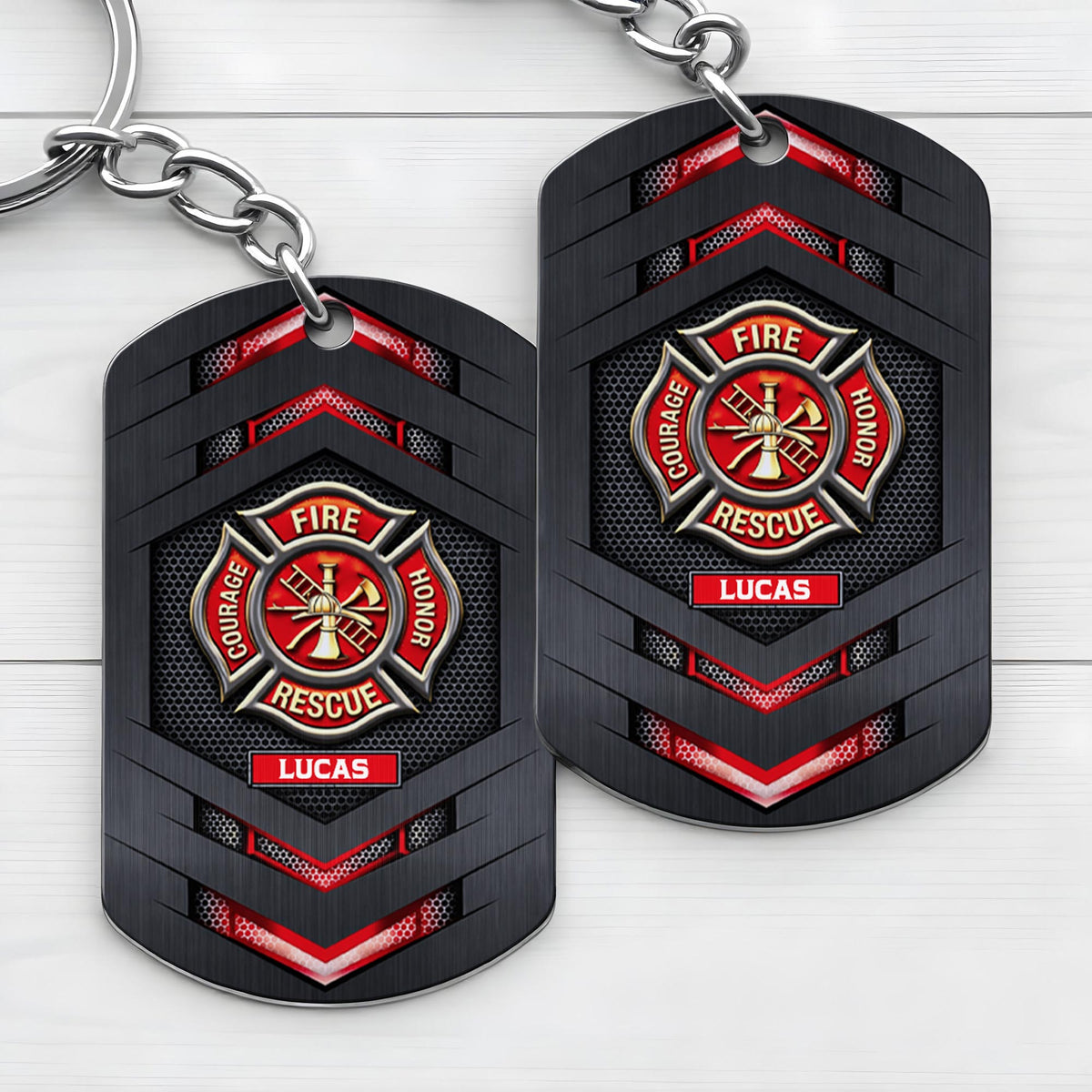 Fire Rescue Courage Honor With Firefighter Badge And Maltese Cross - Personalized Stainless Steel Keychain - FIF057_KCX