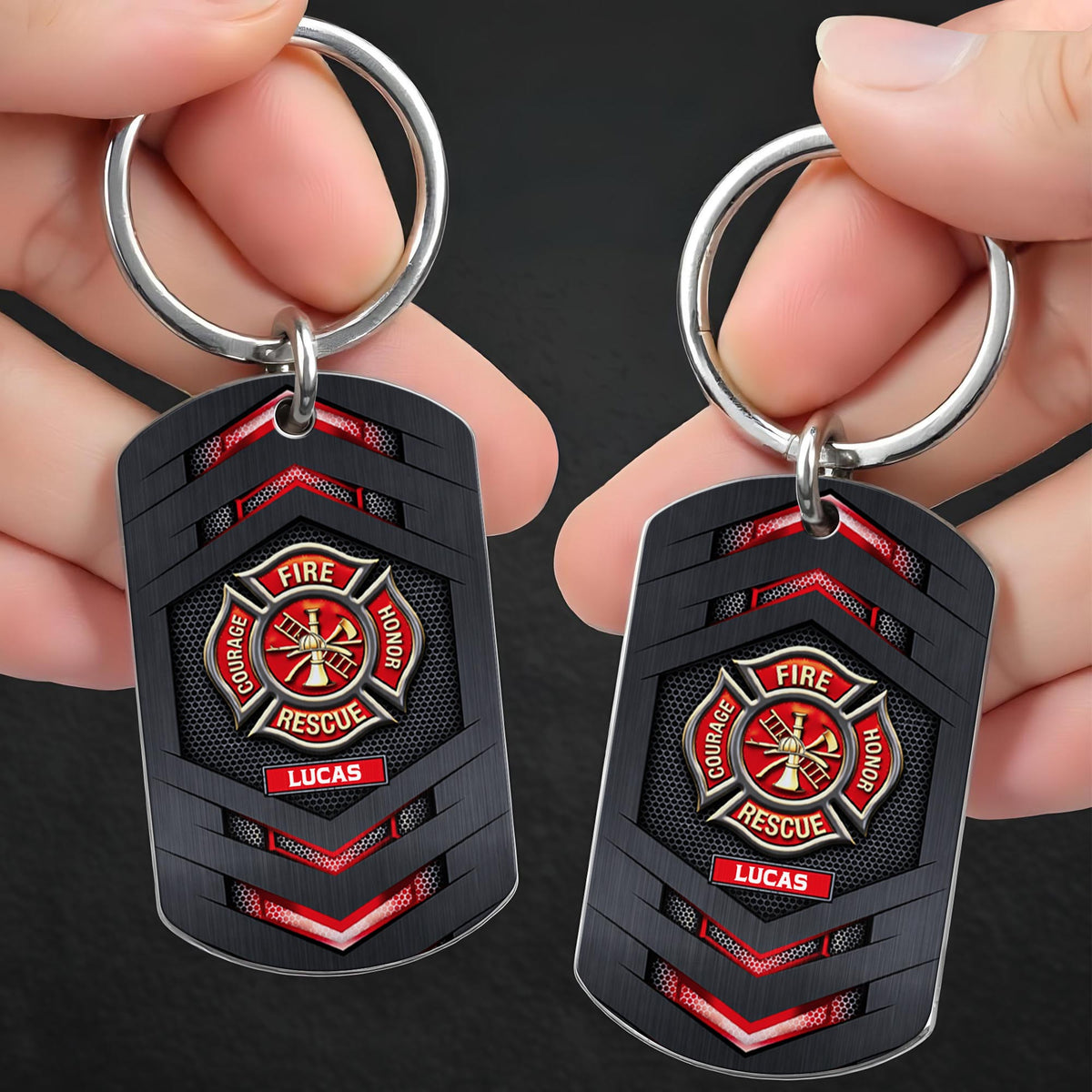 Fire Rescue Courage Honor With Firefighter Badge And Maltese Cross - Personalized Stainless Steel Keychain - FIF057_KCX