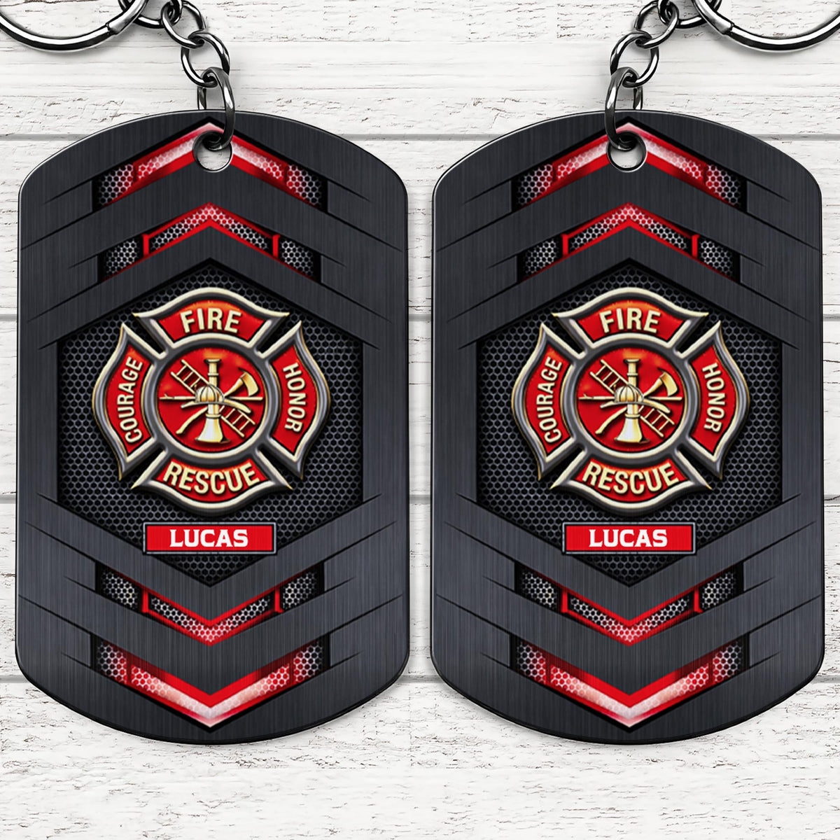 Fire Rescue Courage Honor With Firefighter Badge And Maltese Cross - Personalized Stainless Steel Keychain - FIF057_KCX