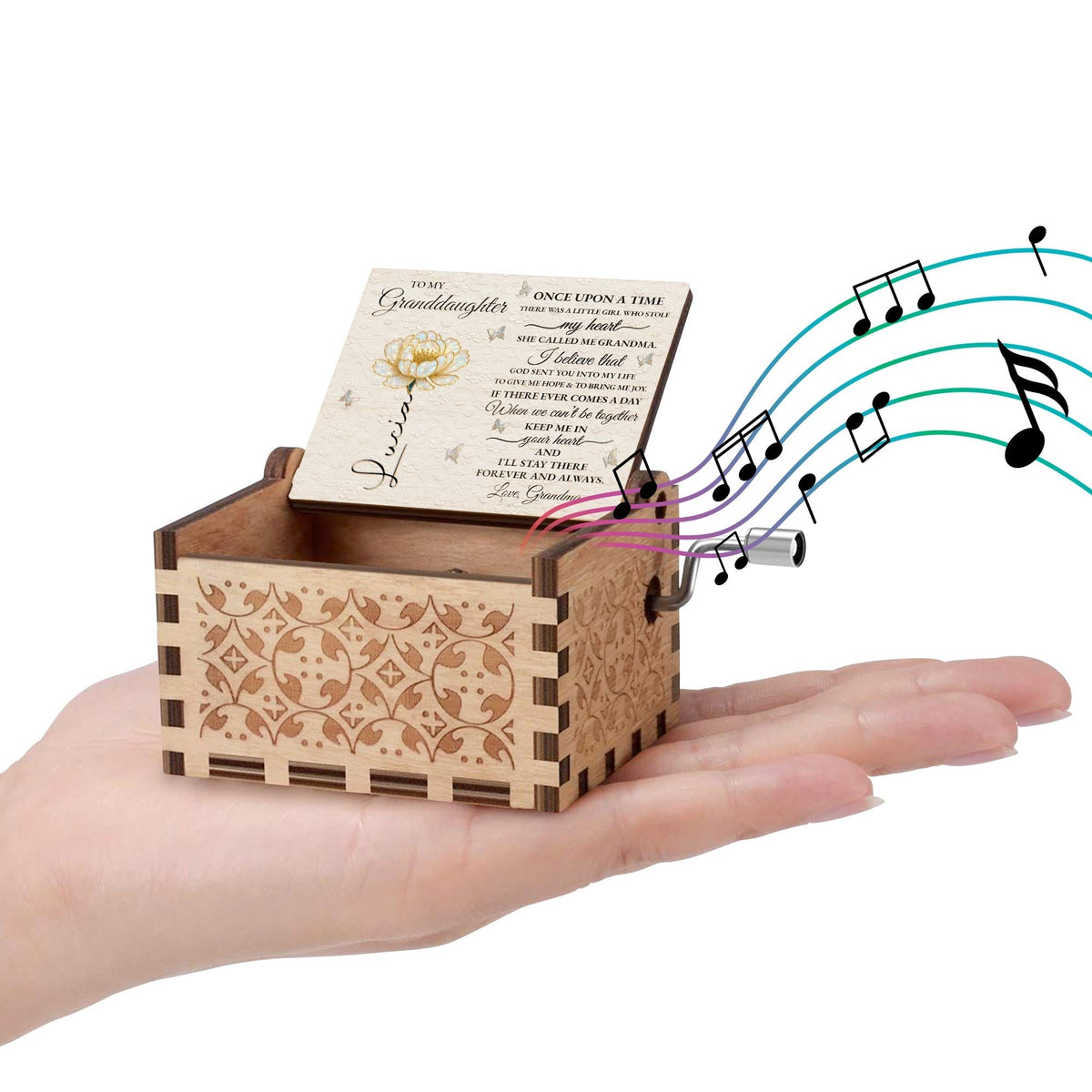 To My Granddaughter, Once Upon A Time, Flower And Butterflies - Custom Music Box With "You Are My Sunshine" Tune - GDT389_MZB