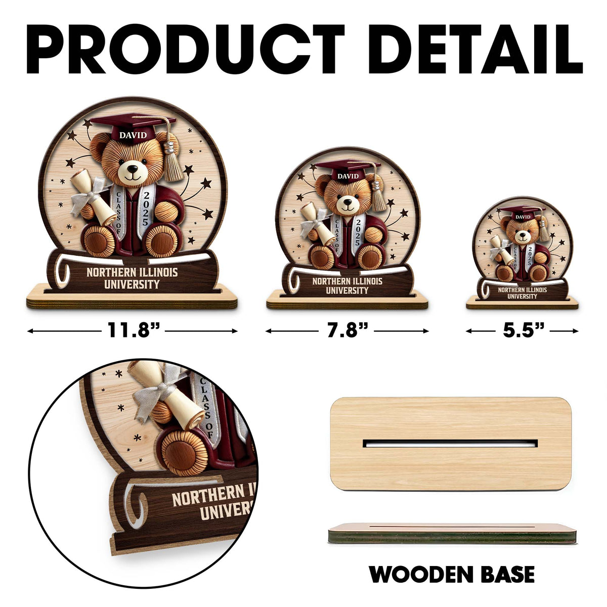 Celebrate Your Achievements Wooden Graduate Teddy Bear Plaque - Personalized Custom 2-Layer Wood Plaque With Flat Base - GRAD018_WPLA