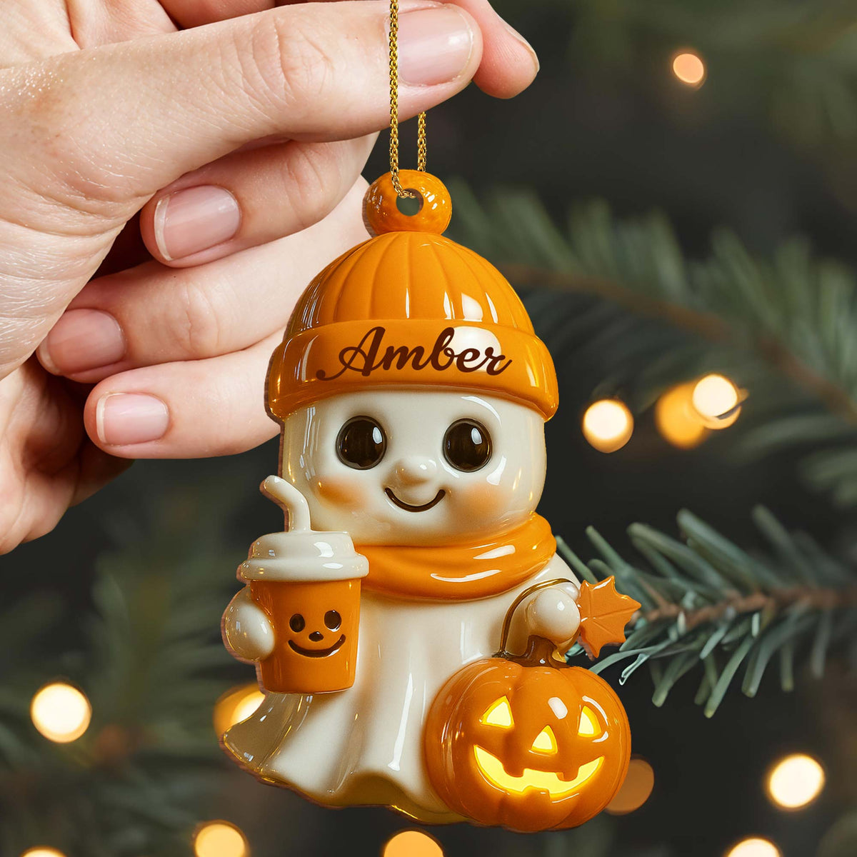 Celebrate Cozy Autumn Vibes Ghost and Pumpkin - Personalized Custom Wood Ornament, Custom Shaped - HALW020_WDO