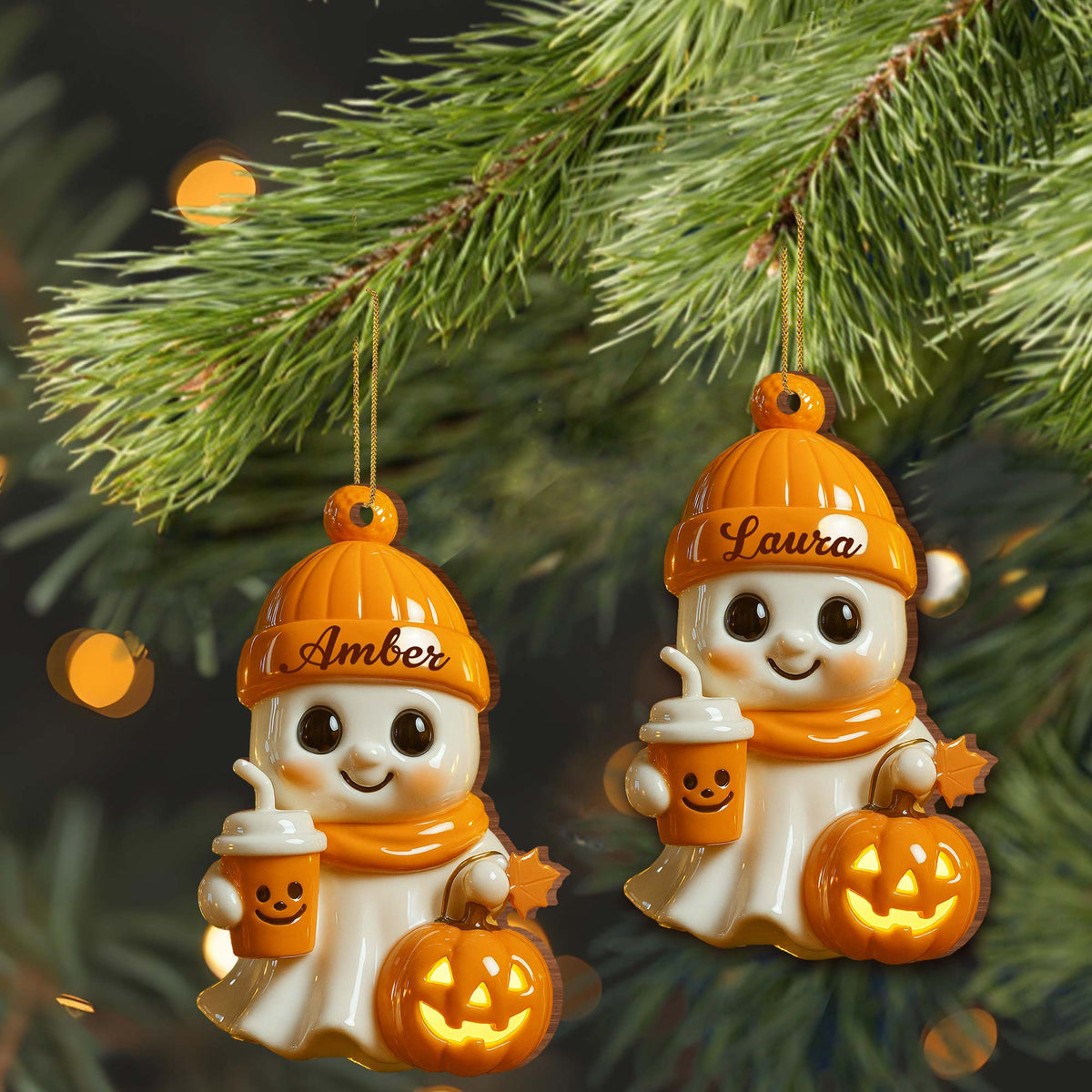 Celebrate Cozy Autumn Vibes Ghost and Pumpkin - Personalized Custom Wood Ornament, Custom Shaped - HALW020_WDO