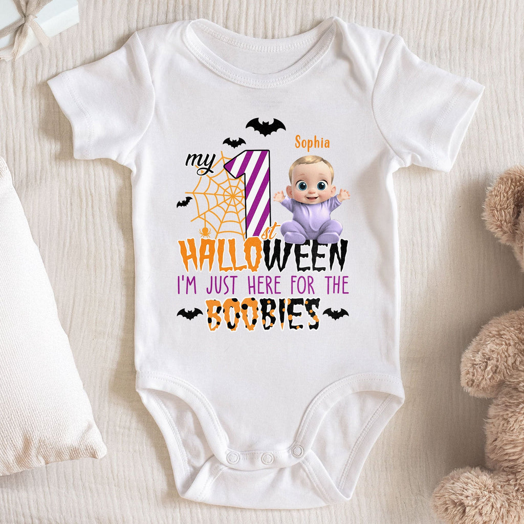 My First Halloween Just Here For The Boobies - Personalized Custom Baby Onesie - HALW031_ONES