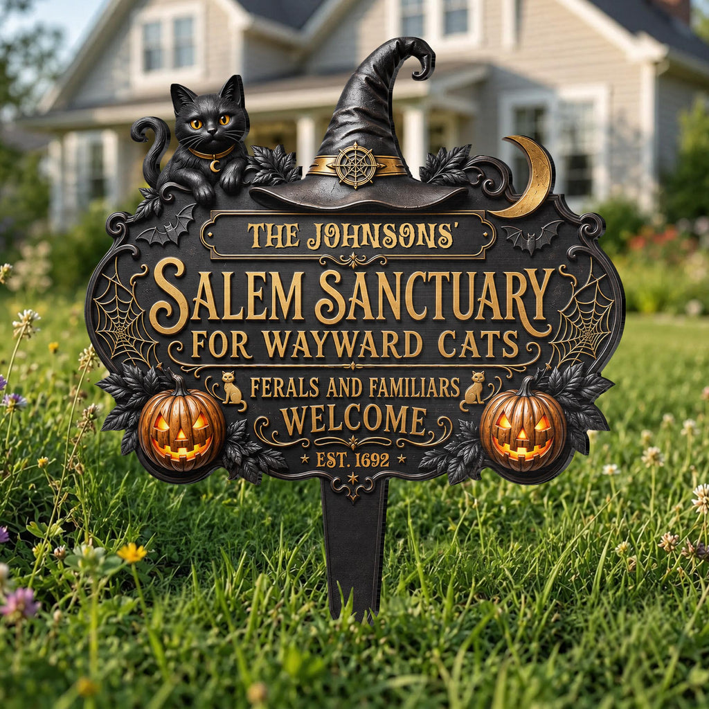 Salem Sanctuary For Wayward Cats Black Cat Pumpkin Witch Hat - Personalized Metal Garden Stake - HALW111_MEGSTA