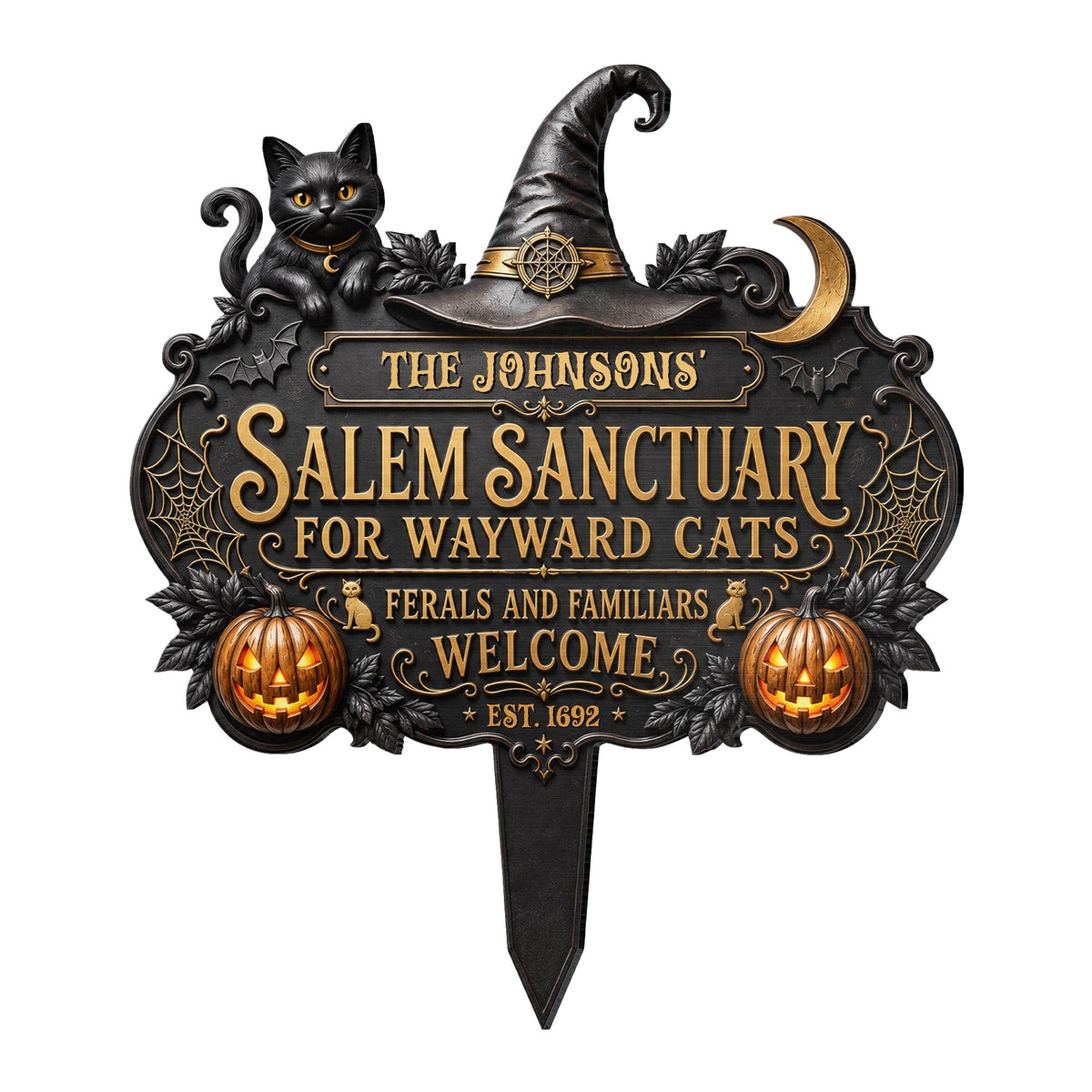 Salem Sanctuary For Wayward Cats Black Cat Pumpkin Witch Hat - Personalized Metal Garden Stake - HALW111_MEGSTA