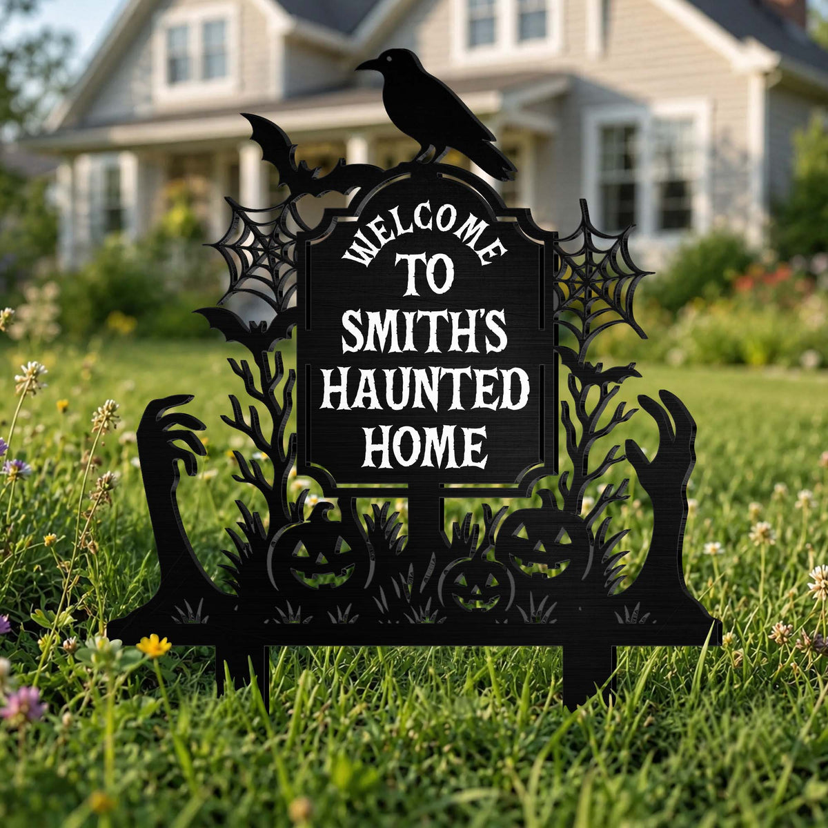 Welcome To Our Haunted Home With Pumpkins And Bats - Personalized Metal Garden Stake - HALW185_MEGSTA