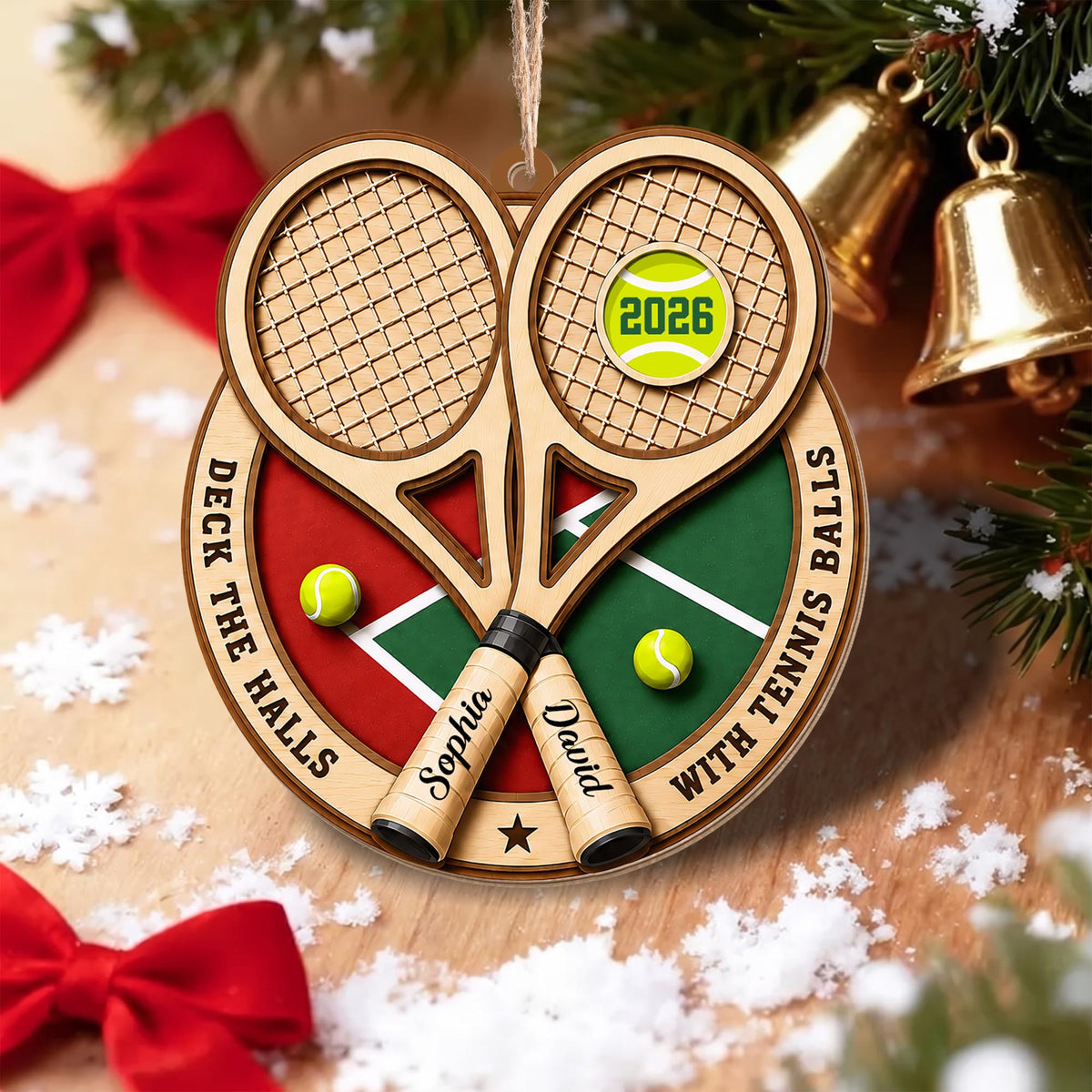 Deck The Halls With Tennis Balls Rackets And Court - Personalized Custom Wood Ornament, Custom Shaped - HOB373_WDO