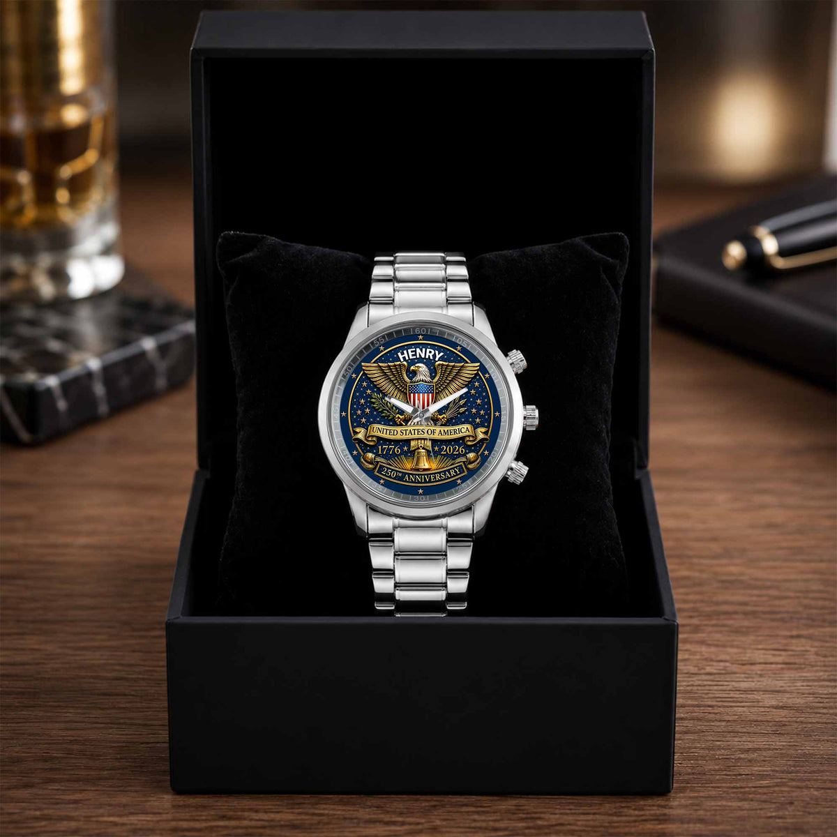 United States Of America Anniversary Eagle And Liberty Bell - Personalized Custom Men's Watch - INDE458_CUMWA