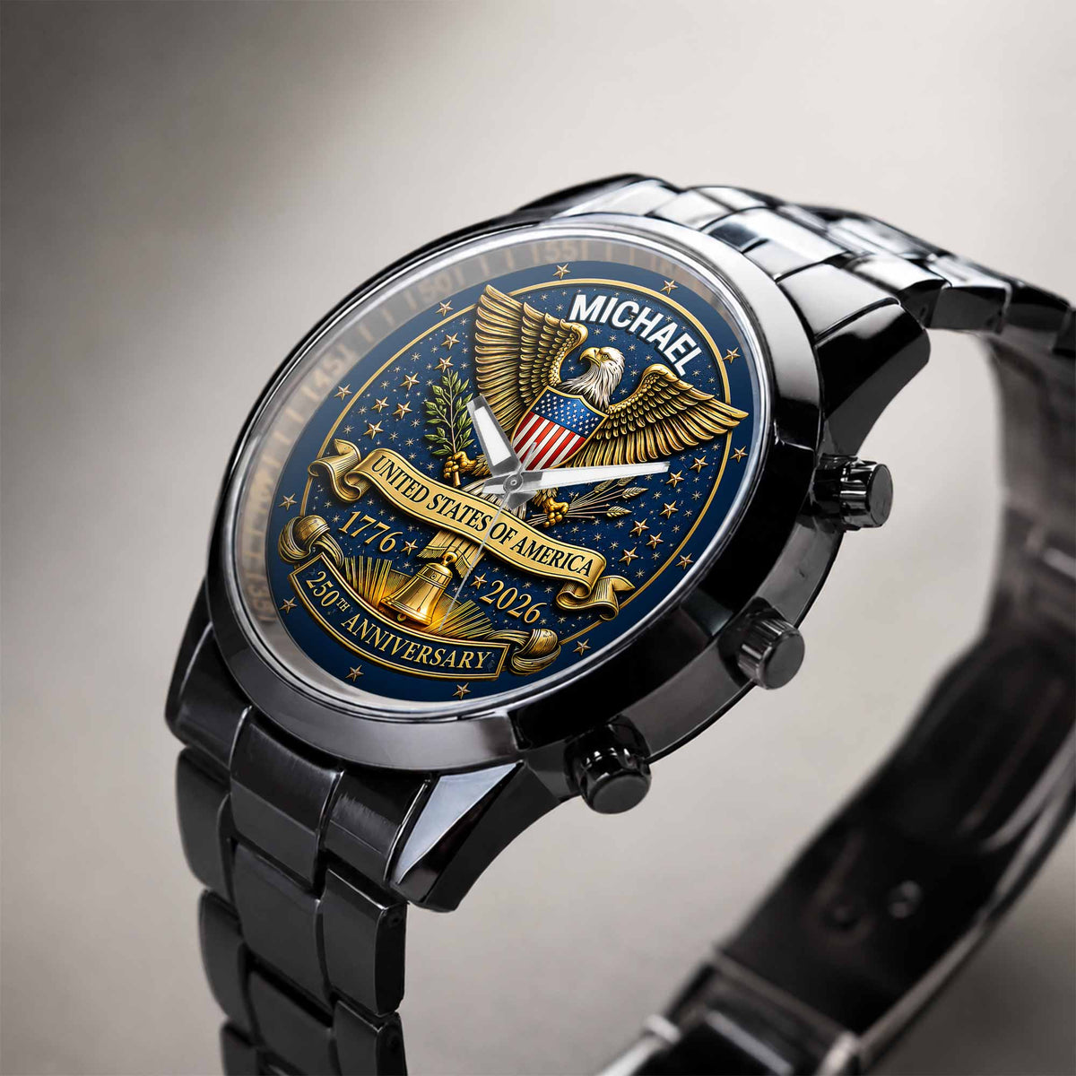 United States Of America Anniversary Eagle And Liberty Bell - Personalized Custom Men's Watch - INDE458_CUMWA