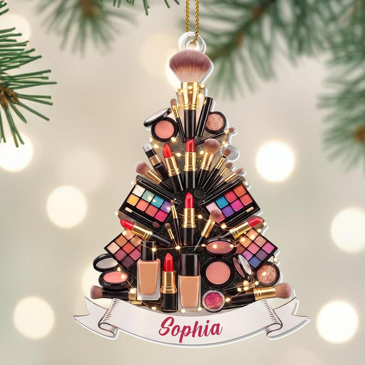 A Glamorous Holiday Makeup Lover Christmas Tree Palette And Lipstick - Personalized Custom Acrylic Ornament, Christmas Gift - JBS353_ACO