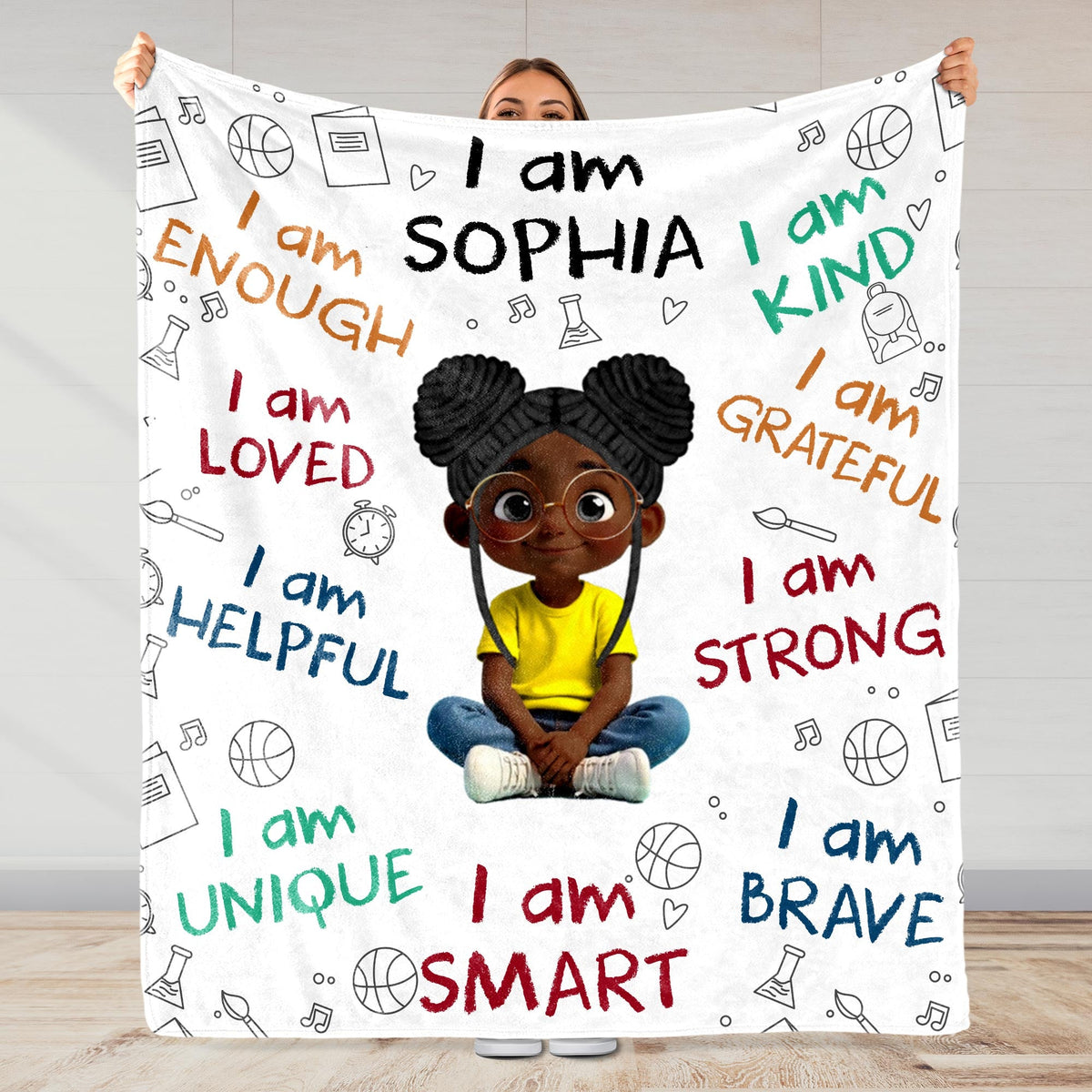 I Am Strong, Brave And Unique, Cartoon Character Blanket - Personalized Custom Blanket - KID243_BLK