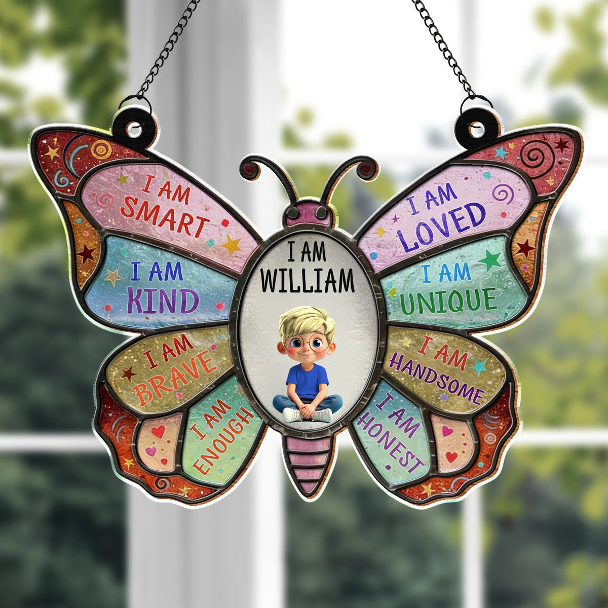 I Am Smart, I Am Kind, Positive Affirmations Butterfly - Personalized Custom Suncatcher - KID479_CSUN