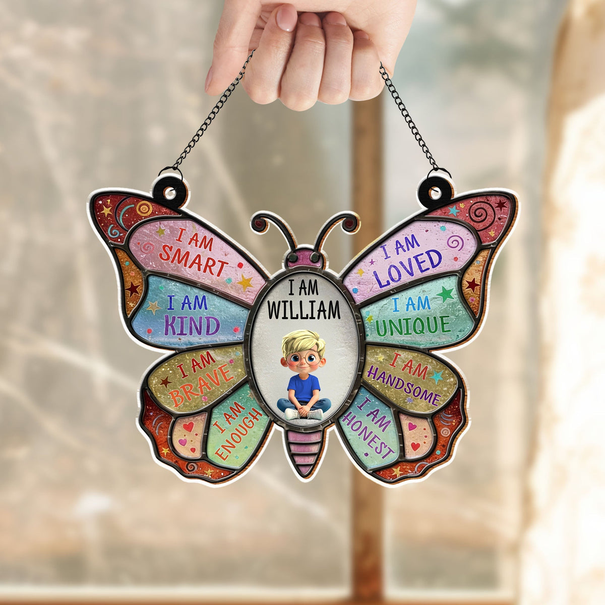 I Am Smart, I Am Kind, Positive Affirmations Butterfly - Personalized Custom Suncatcher - KID479_CSUN