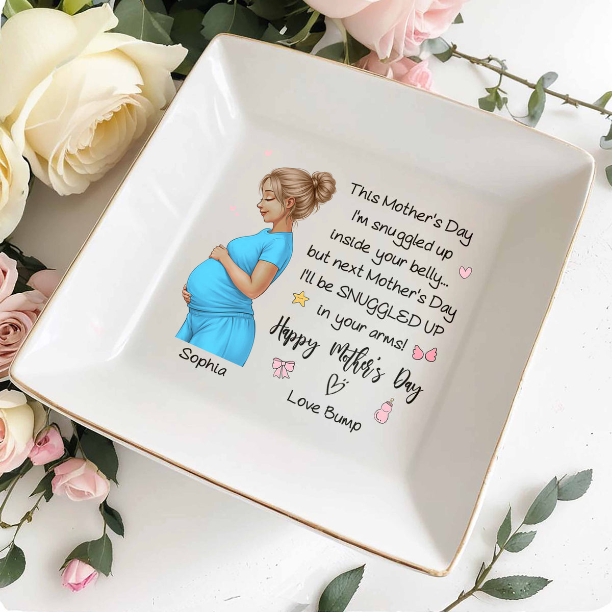 This Mother's Day I'm Snuggled Up Inside Your Belly Pregnant Woman - Personalized Custom Jewelry Dish, Square Ceramic Dish - MOM259_SCRD