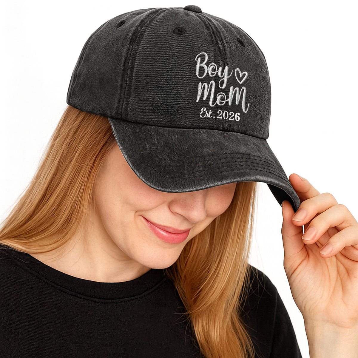 Boy Mom Est With Heart Custom Year - Personalized Custom Washed Denim Cap - MOM291_WDCAP