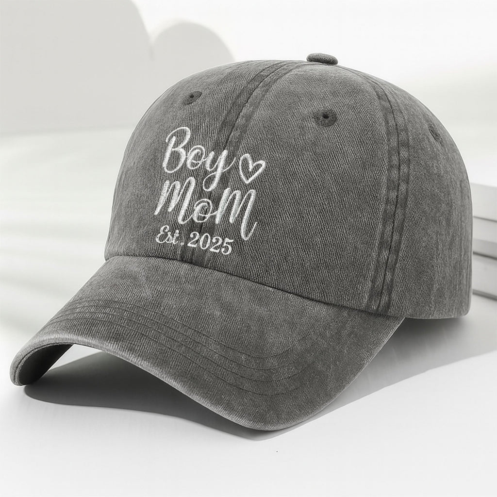 Boy Mom Est With Heart Custom Year - Personalized Custom Washed Denim Cap - MOM291_WDCAP