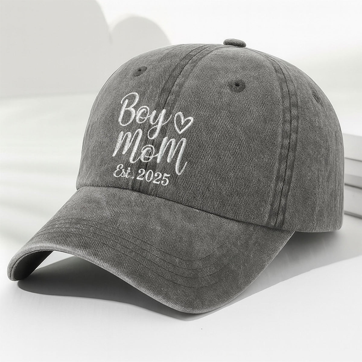 Boy Mom Est With Heart Custom Year - Personalized Custom Washed Denim Cap - MOM291_WDCAP