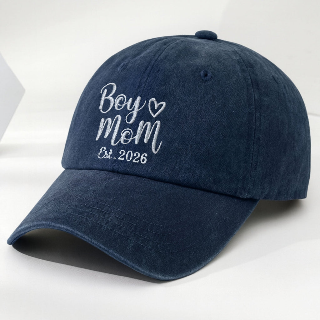 Boy Mom Est With Heart Custom Year - Personalized Custom Washed Denim Cap - MOM291_WDCAP