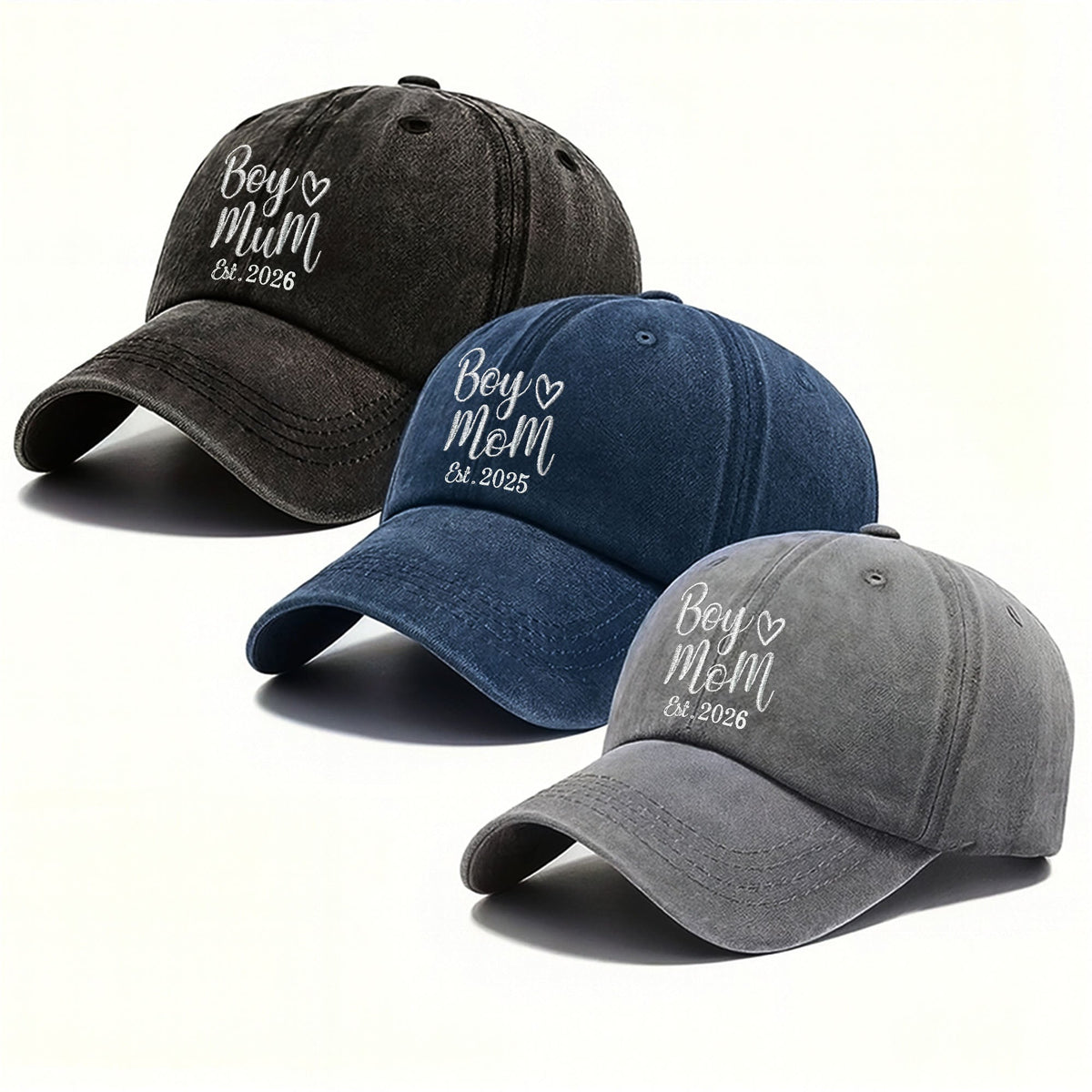 Boy Mom Est With Heart Custom Year - Personalized Custom Washed Denim Cap - MOM291_WDCAP