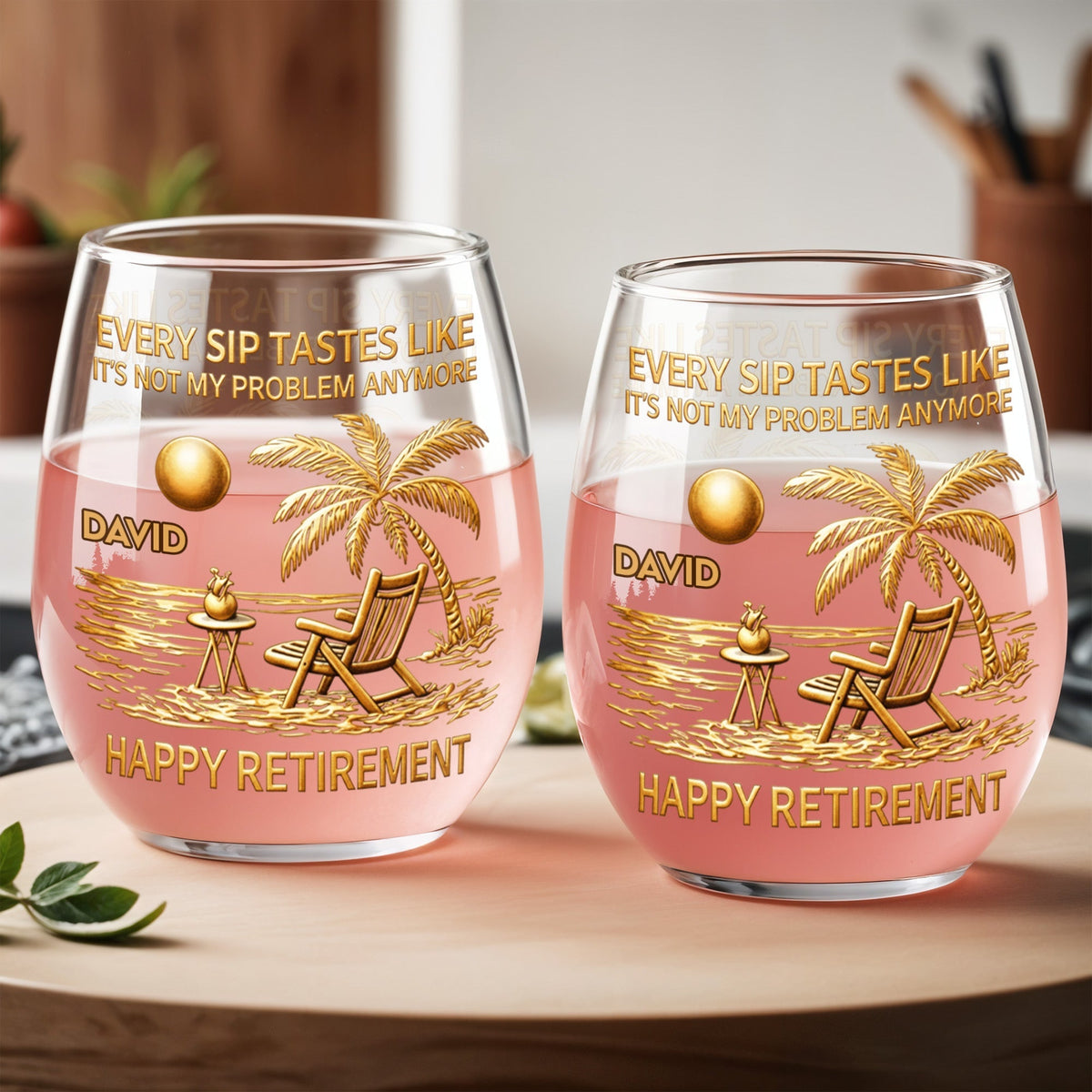 Every Sip Tastes Like It's Not My Problem Anymore, Beach Chair and Palm Trees - Personalized Stemless Wine Glass - RETIRE014_WIGL
