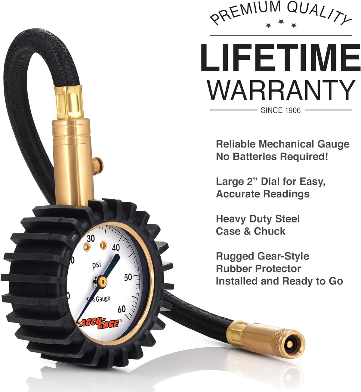 Accu-Gage RH60X Professional Tire Pressure Gauge with Protective Rubber Guard (60 PSI),Straight Chuck