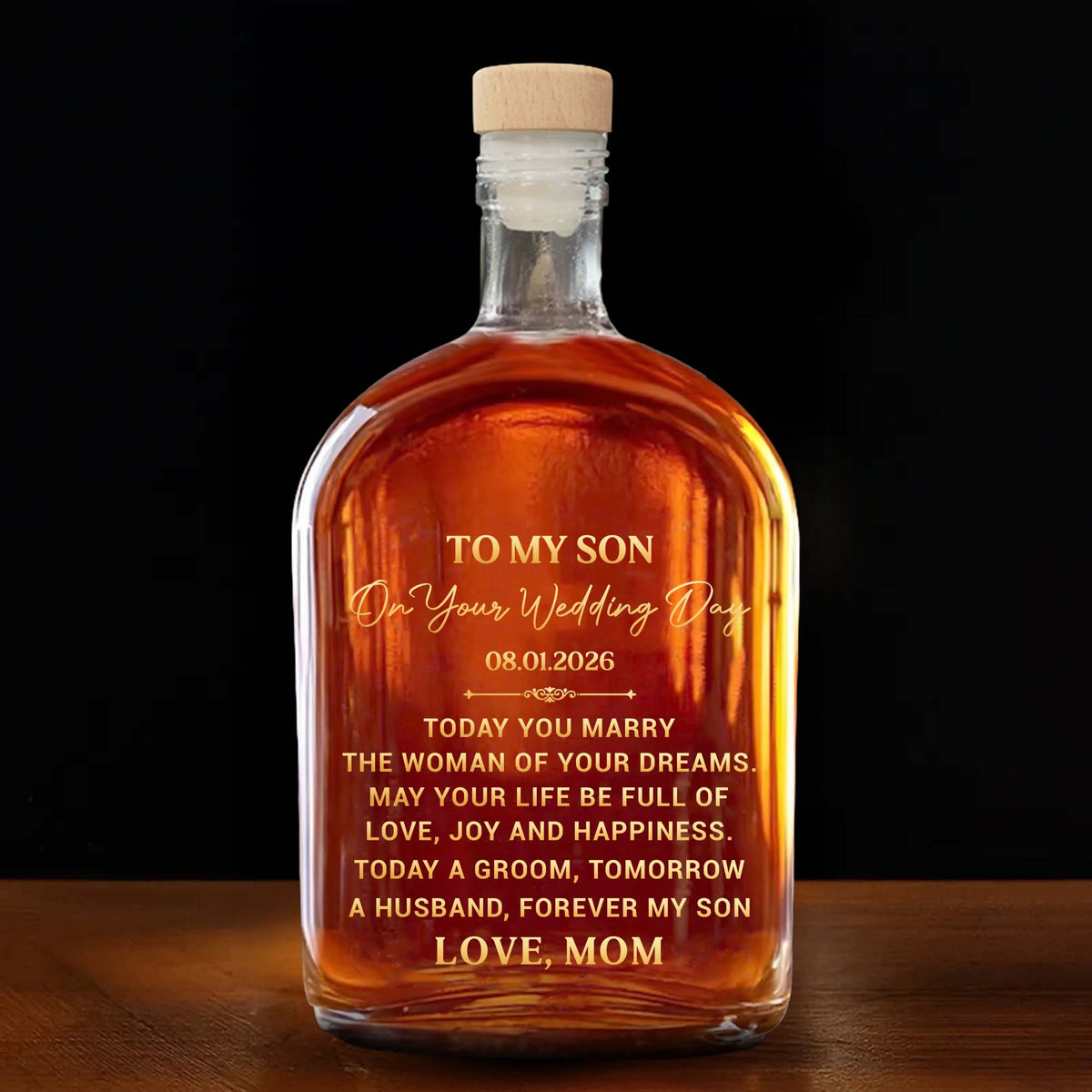 To My Son On Your Wedding Day Elegant Golden Text Husband Groom - Personalized Whiskey Bottle - SON152_WHIBA