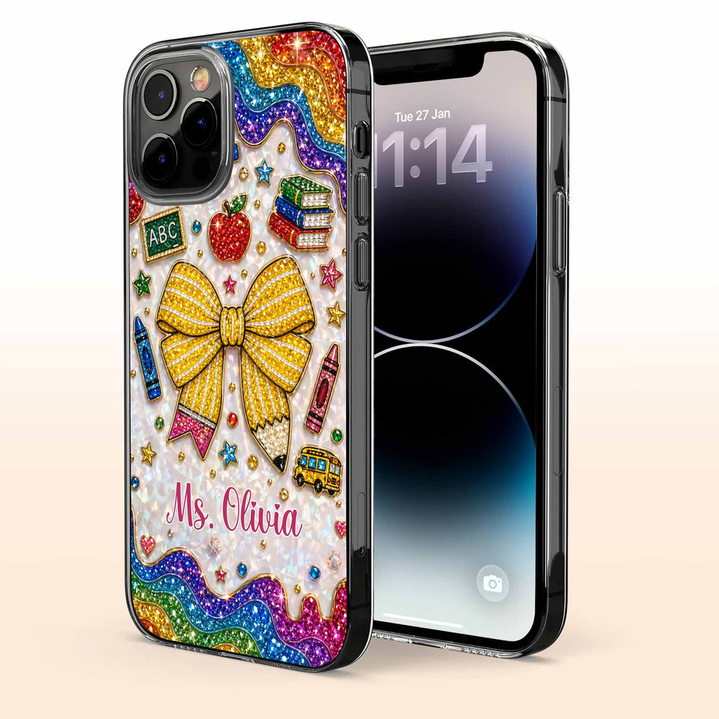 Teaching Is A Work Of Heart Pencil Bow And Apple - Personalized Clear Phone Case - TEACH098_PHC